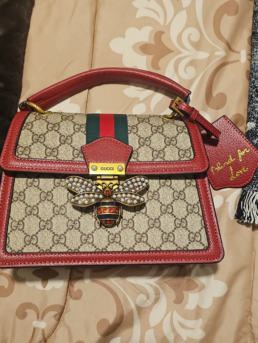 Designer Inspired Tan GG Canvas Top-Handle Satchel with Red Trim & Bee Charm